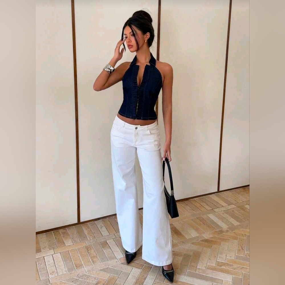 Dark Blue Denim Halter Ruffle Front Top - Picture 8 of 8